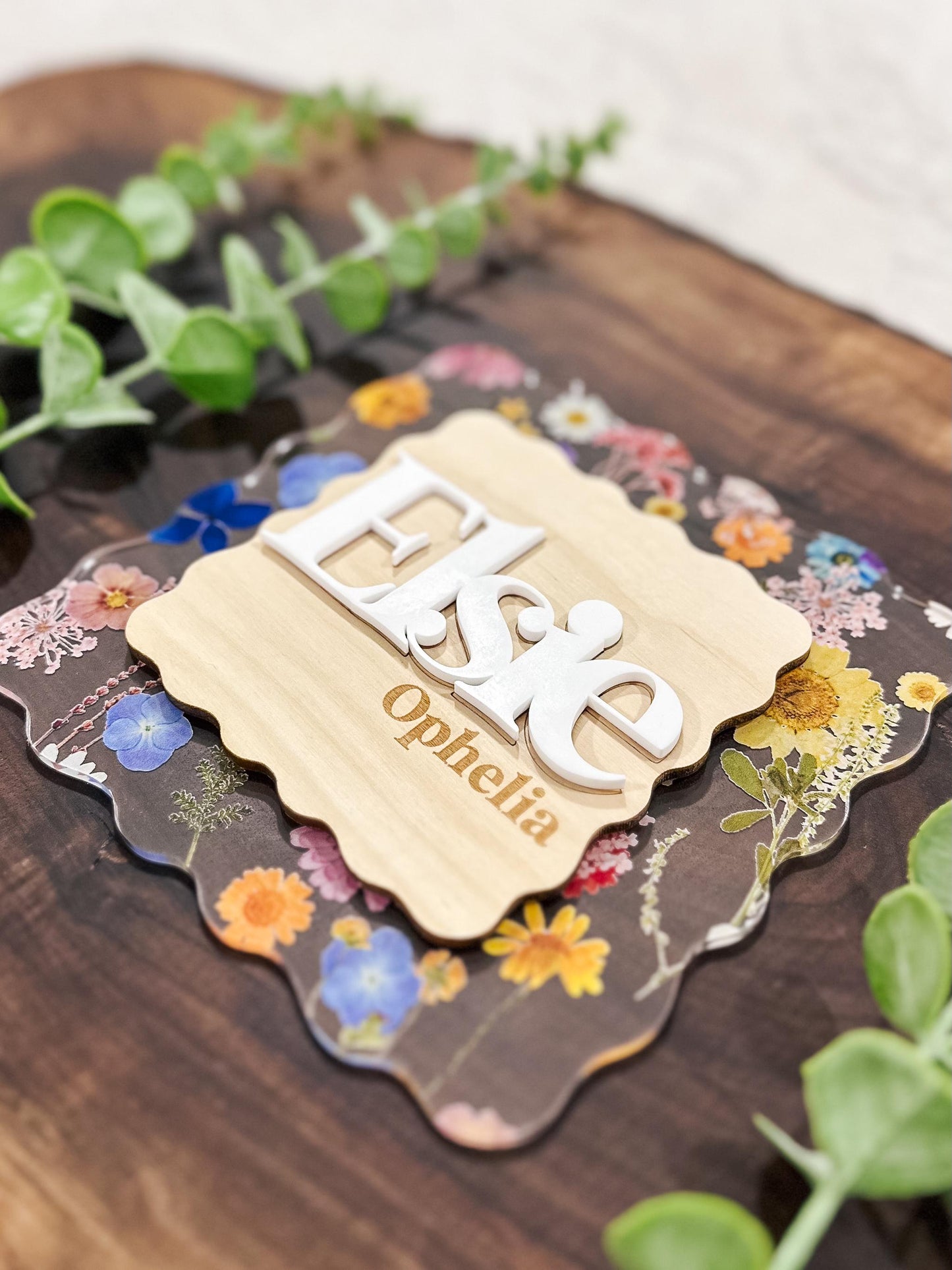 Floral Baby Name Announcement | Color Pressed Flower Wood Baby Name Sign | Custom Baby Name Plaque | Newborn Photo Prop | Baby Shower Gift