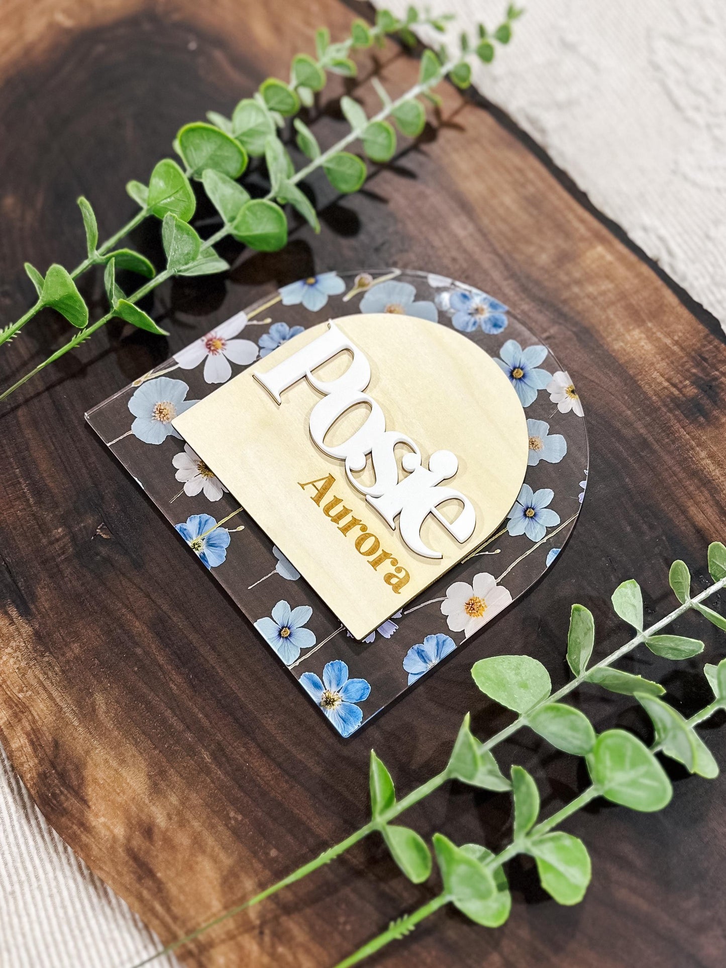 Floral Baby Name Announcement | Blue Pressed Flower Wood Baby Name Sign | Custom Baby Name Plaque | Newborn Photo Prop | Baby Shower Gift