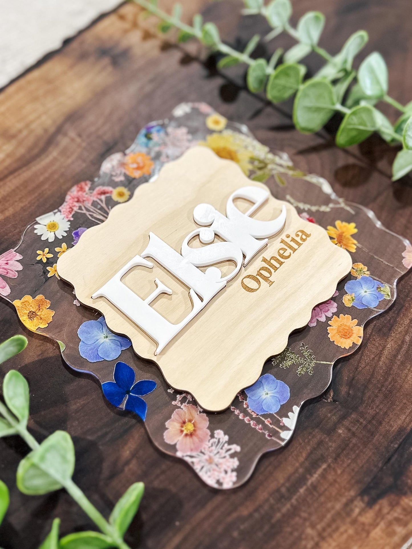 Floral Baby Name Announcement | Color Pressed Flower Wood Baby Name Sign | Custom Baby Name Plaque | Newborn Photo Prop | Baby Shower Gift