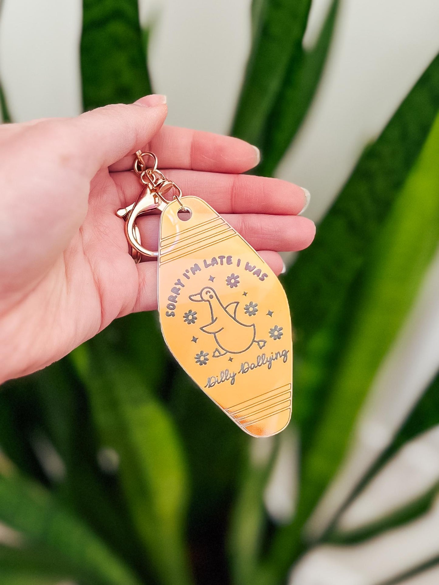 Dilly Dally Keychain | Iridescent Blue Acrylic Motel Keychain | Backpack Tag | Bag Tag | Boho Retro Keychain Tag | Laser Engraved Keychain