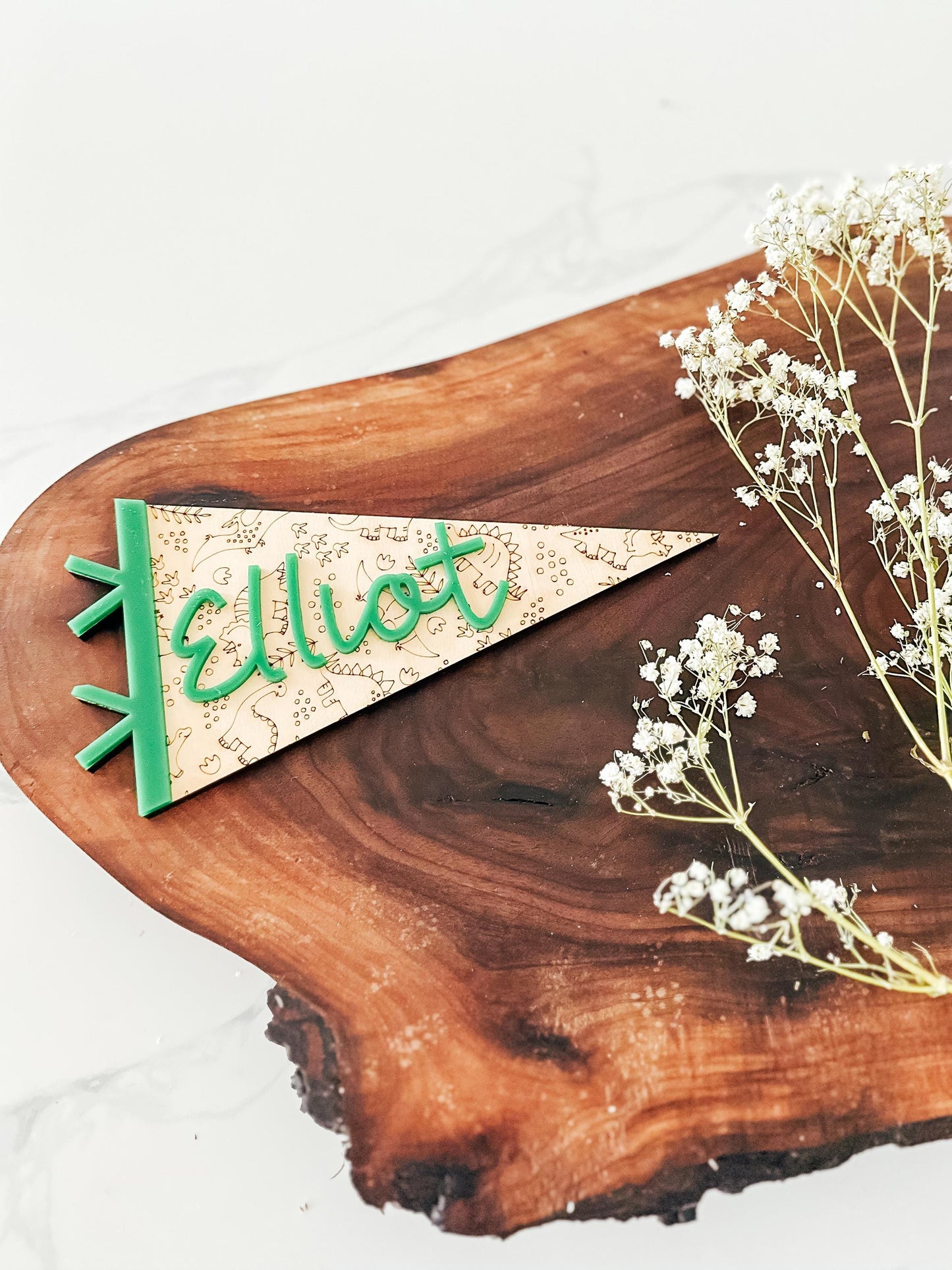 Personalized Pennant Flag Sign | Name Announcement | Custom Name Pennant | Baby Name Pennant Flag | Custom Wood Pennant | Floral | Dinosaur