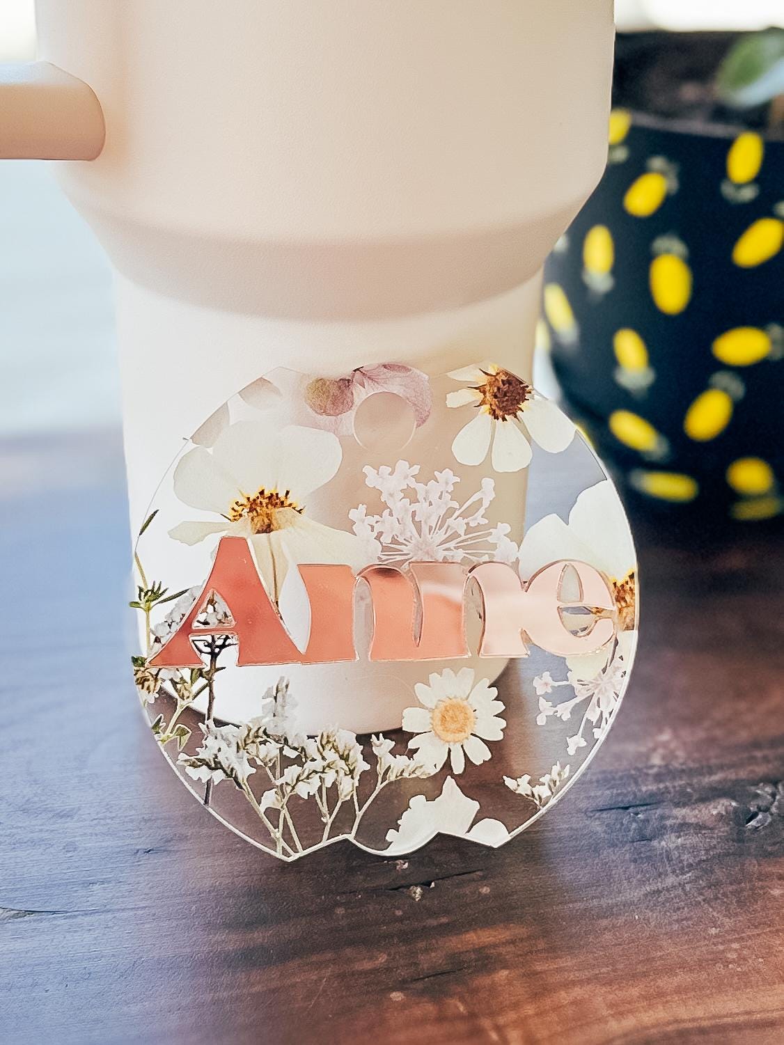 Pressed Flowers Stanley Tumbler Topper | Custom Stanley Tumbler Name Plate | Stanley Tumbler Topper Name Tag | 14oz 20oz 30oz 40oz Quencher