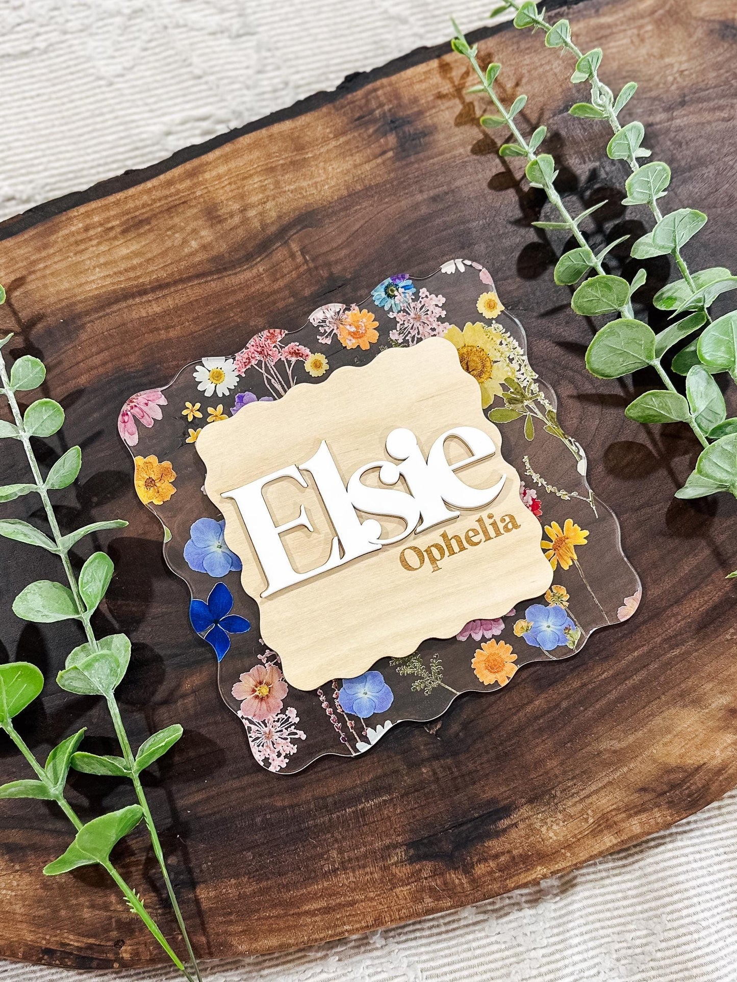 Floral Baby Name Announcement | Color Pressed Flower Wood Baby Name Sign | Custom Baby Name Plaque | Newborn Photo Prop | Baby Shower Gift