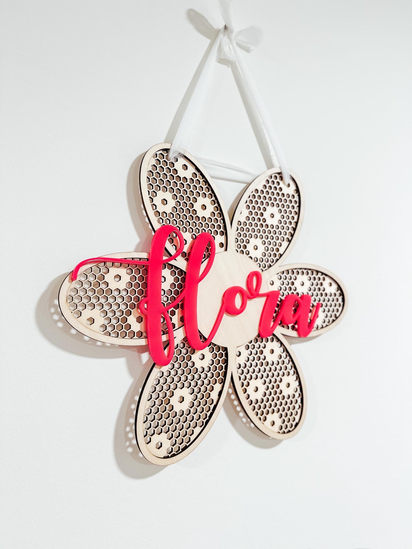 Rattan Flower Door Name Sign | Wood Sign | Girls Room Sign | Room Decor | Girls Decoration | Playroom Sign | Girl Nursery | Boho Home Decor