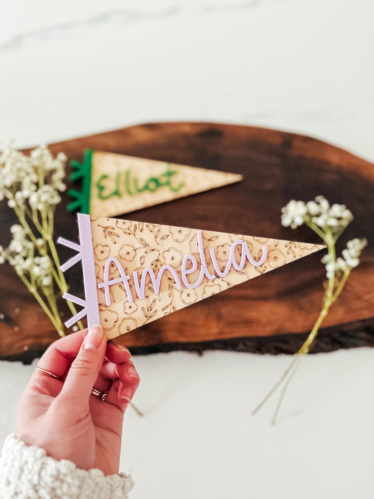 Personalized Pennant Flag Sign | Name Announcement | Custom Name Pennant | Baby Name Pennant Flag | Custom Wood Pennant | Floral | Dinosaur