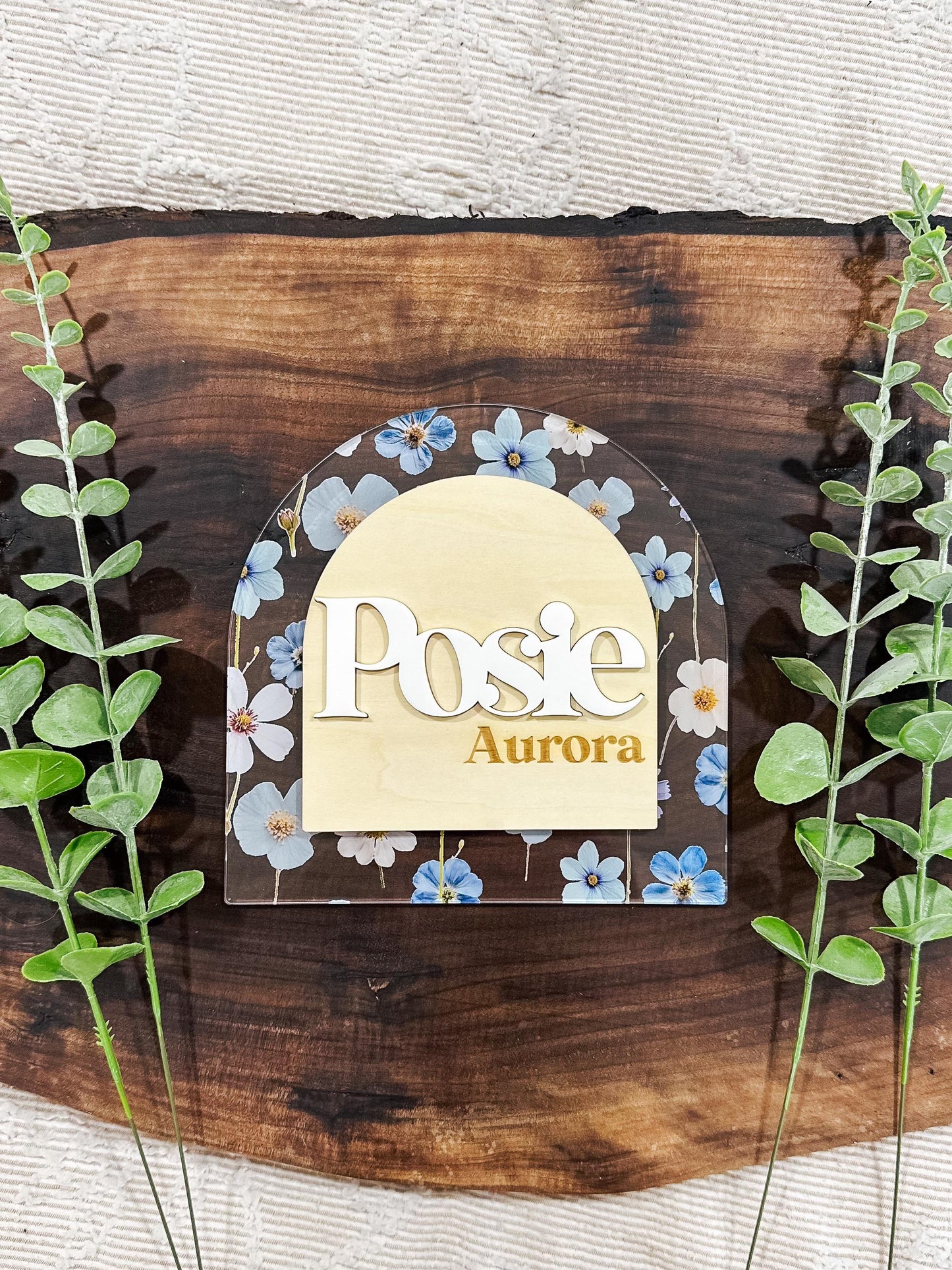 Floral Baby Name Announcement | Blue Pressed Flower Wood Baby Name Sign | Custom Baby Name Plaque | Newborn Photo Prop | Baby Shower Gift