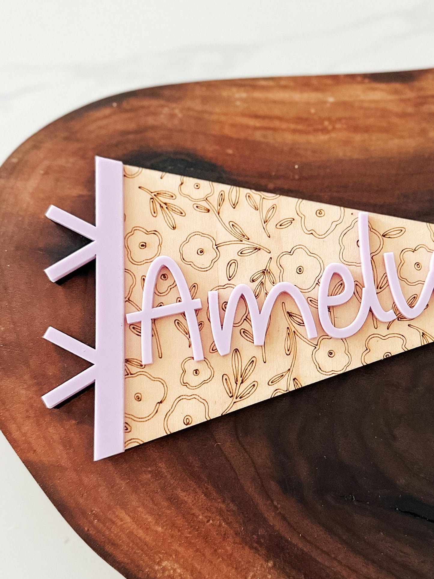 Personalized Pennant Flag Sign | Name Announcement | Custom Name Pennant | Baby Name Pennant Flag | Custom Wood Pennant | Floral | Dinosaur