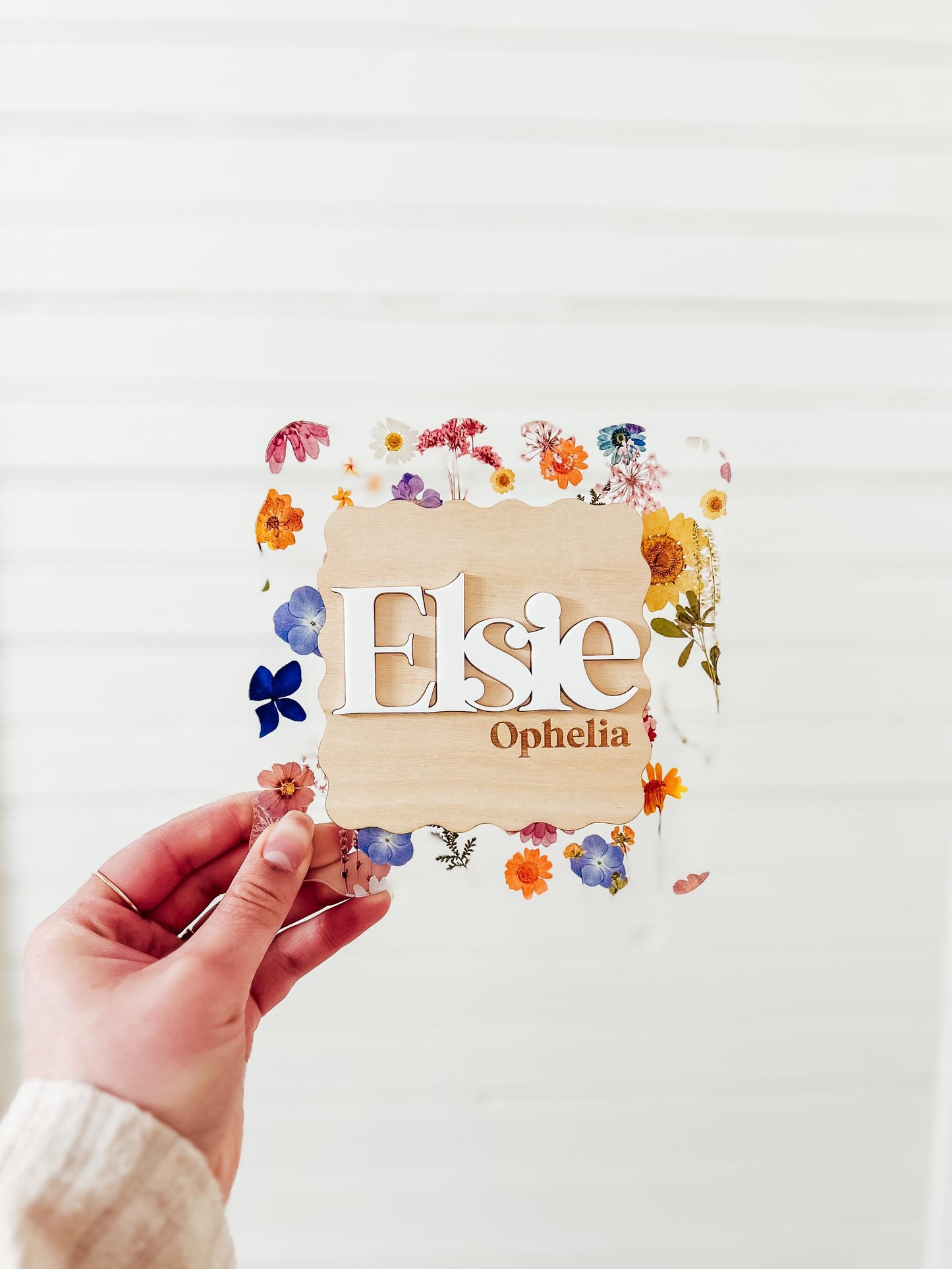 Floral Baby Name Announcement | Color Pressed Flower Wood Baby Name Sign | Custom Baby Name Plaque | Newborn Photo Prop | Baby Shower Gift