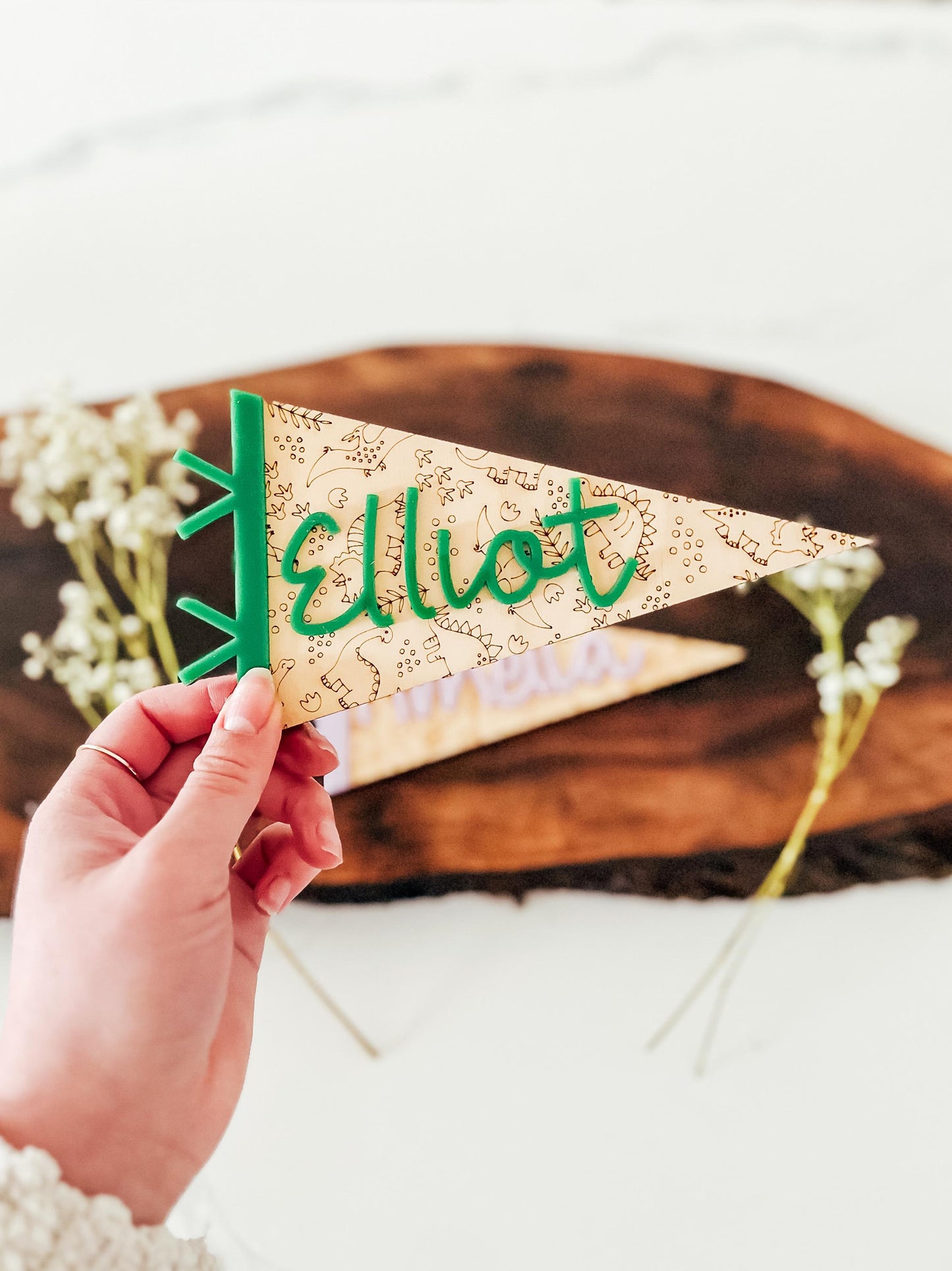 Personalized Pennant Flag Sign | Name Announcement | Custom Name Pennant | Baby Name Pennant Flag | Custom Wood Pennant | Floral | Dinosaur