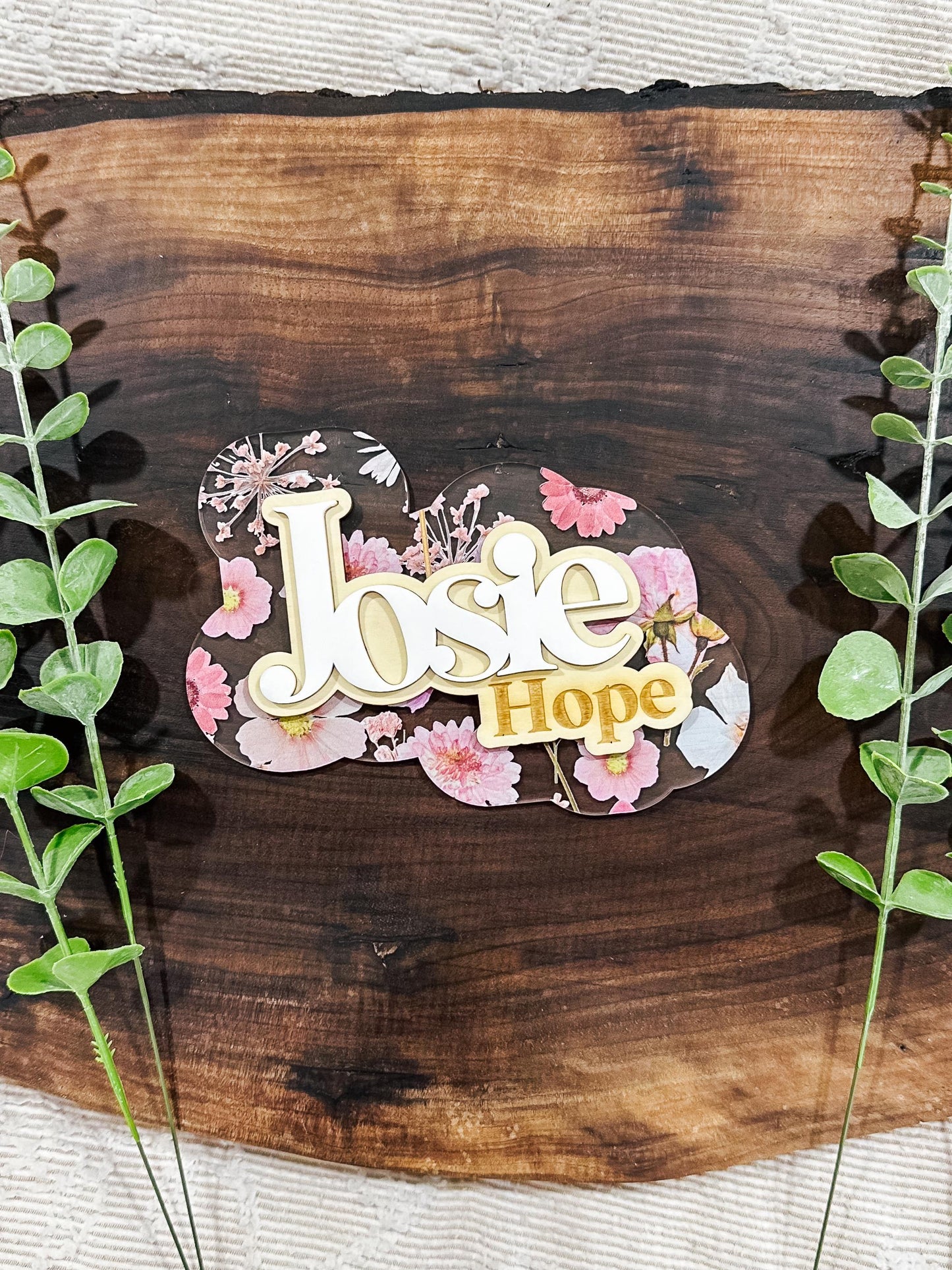 Floral Baby Name Announcement | Pink Pressed Flower Wood Baby Name Sign | Custom Baby Name Plaque | Newborn Photo Prop | Baby Shower Gift