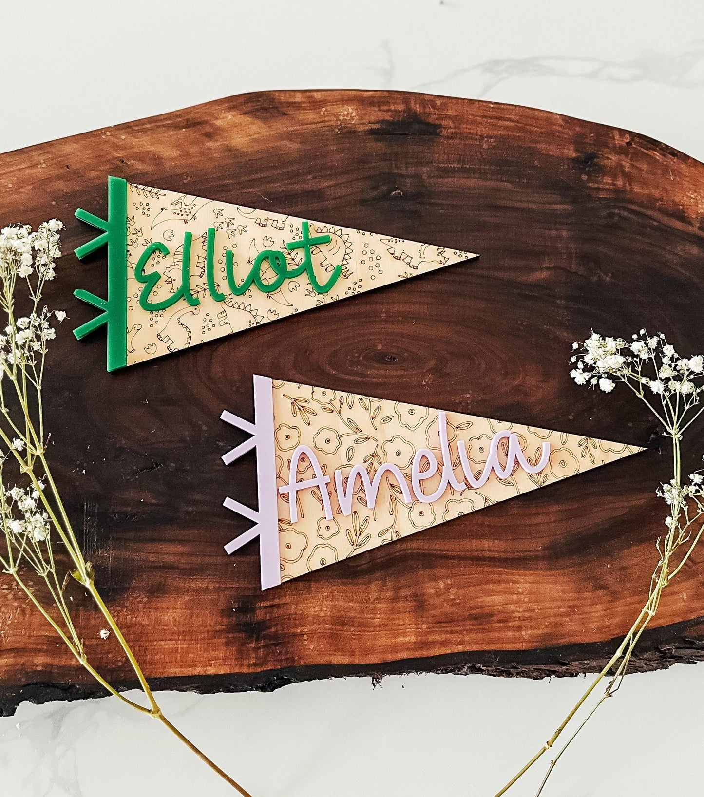 Personalized Pennant Flag Sign | Name Announcement | Custom Name Pennant | Baby Name Pennant Flag | Custom Wood Pennant | Floral | Dinosaur