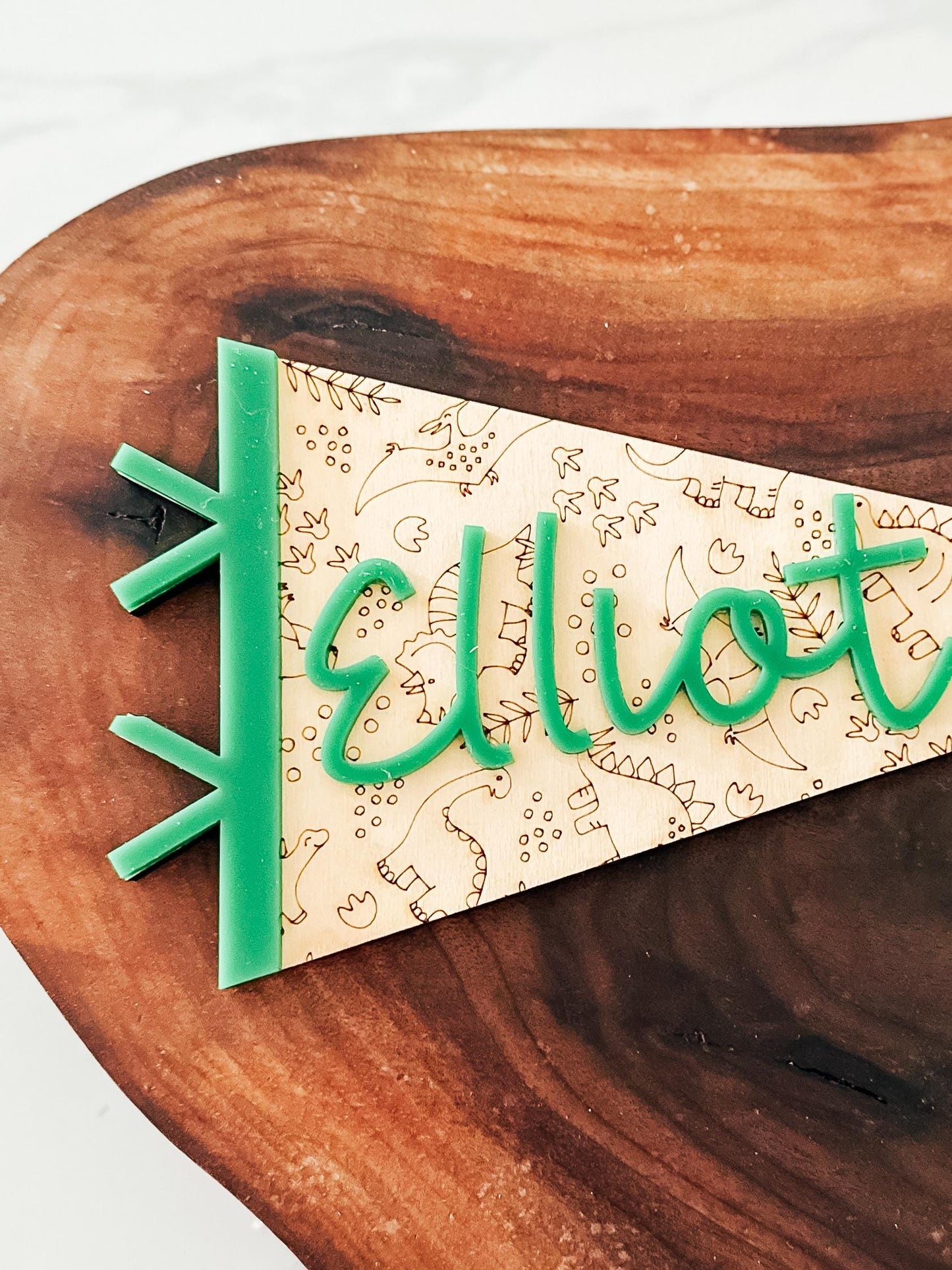 Personalized Pennant Flag Sign | Name Announcement | Custom Name Pennant | Baby Name Pennant Flag | Custom Wood Pennant | Floral | Dinosaur