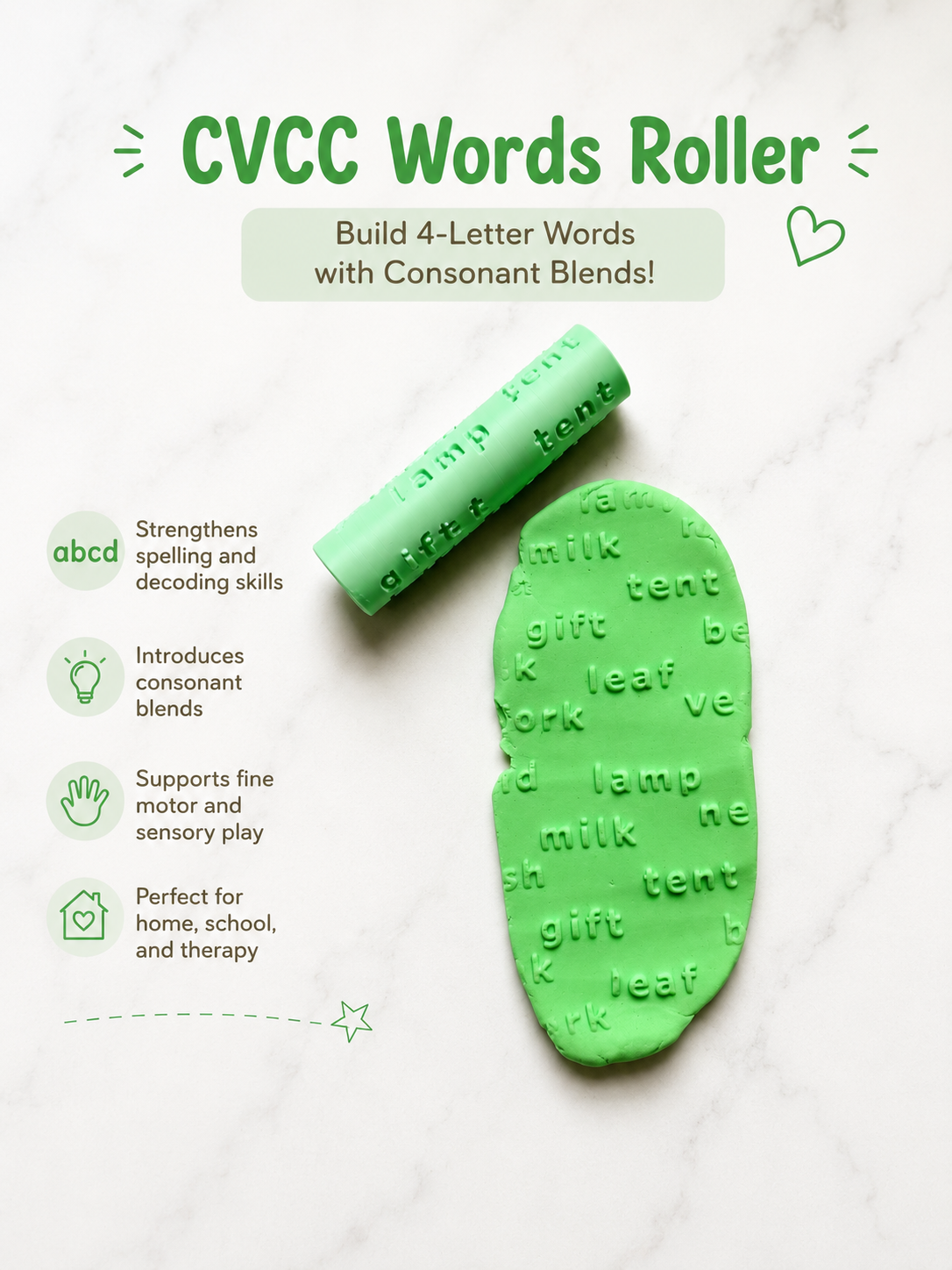 Word Building Play Dough Rollers & Matching Picture Dice | CVC, CVCe, CVCC, CCVC Words