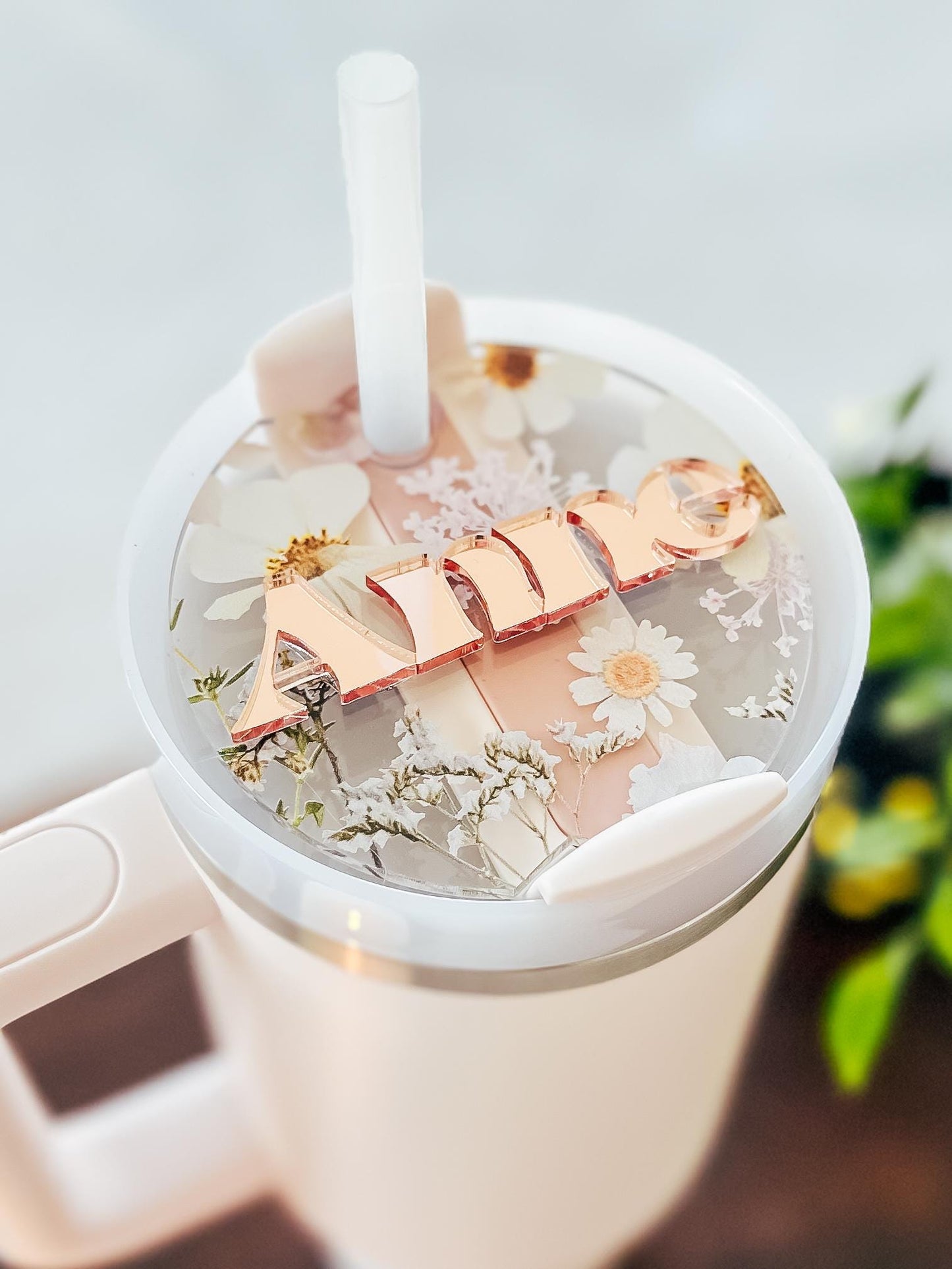 Pressed Flowers Stanley Tumbler Topper | Custom Stanley Tumbler Name Plate | Stanley Tumbler Topper Name Tag | 14oz 20oz 30oz 40oz Quencher