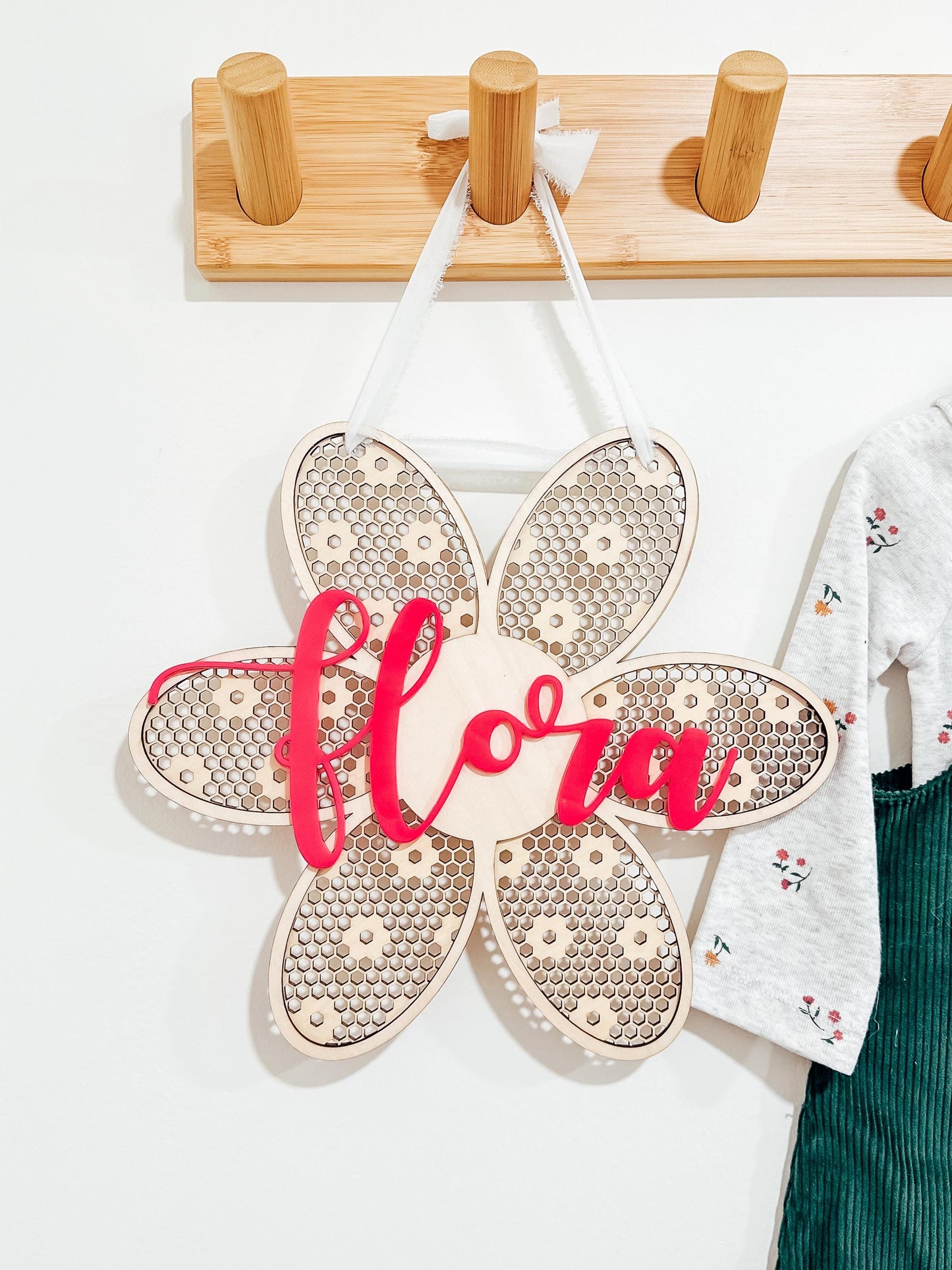 Rattan Flower Door Name Sign | Wood Sign | Girls Room Sign | Room Decor | Girls Decoration | Playroom Sign | Girl Nursery | Boho Home Decor