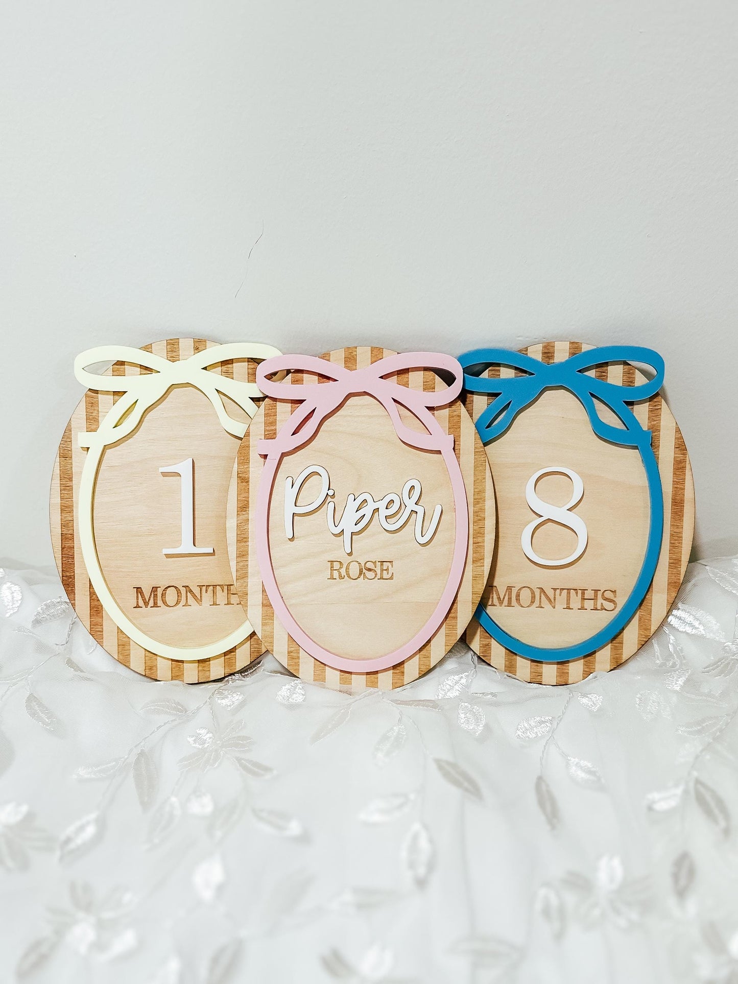 Striped Bow Baby Monthly Milestone Markers | Name Announcement Sign | Children's Photo Prop | Monthly Milestones Sign | Baby's First Year