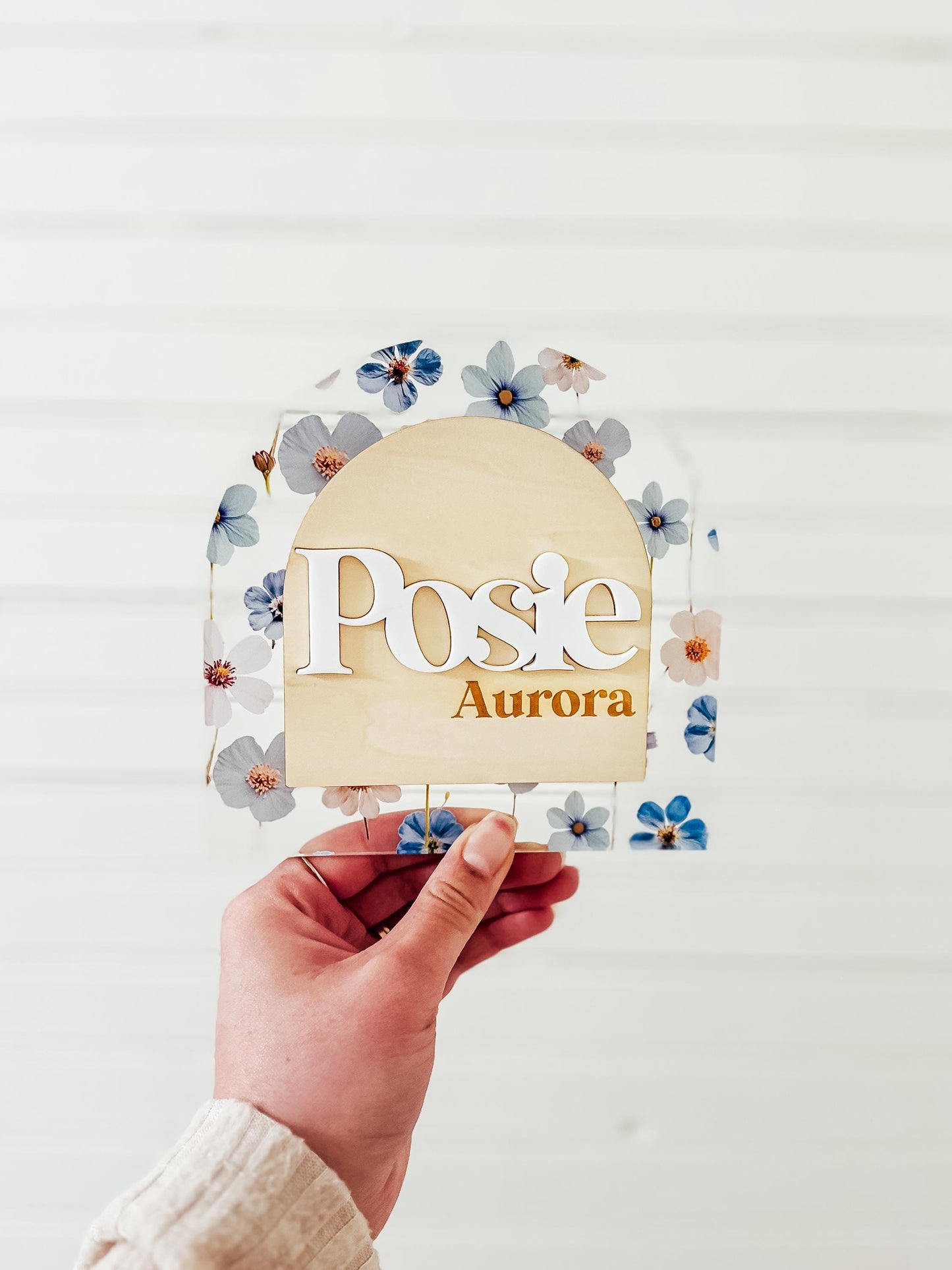 Floral Baby Name Announcement | Blue Pressed Flower Wood Baby Name Sign | Custom Baby Name Plaque | Newborn Photo Prop | Baby Shower Gift