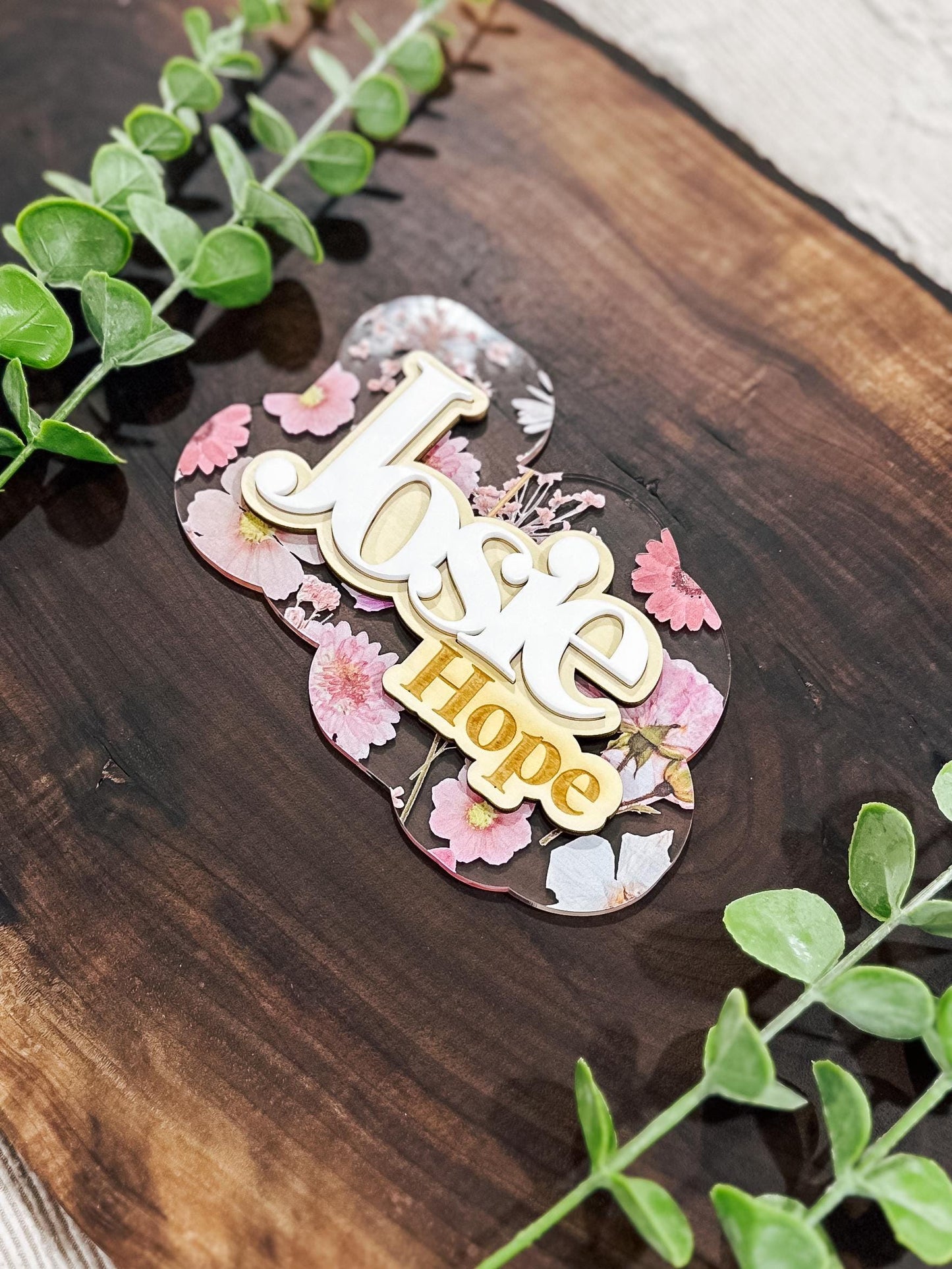 Floral Baby Name Announcement | Pink Pressed Flower Wood Baby Name Sign | Custom Baby Name Plaque | Newborn Photo Prop | Baby Shower Gift