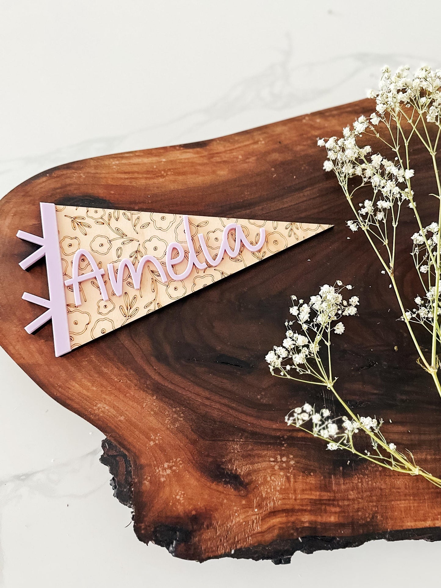 Personalized Pennant Flag Sign | Name Announcement | Custom Name Pennant | Baby Name Pennant Flag | Custom Wood Pennant | Floral | Dinosaur