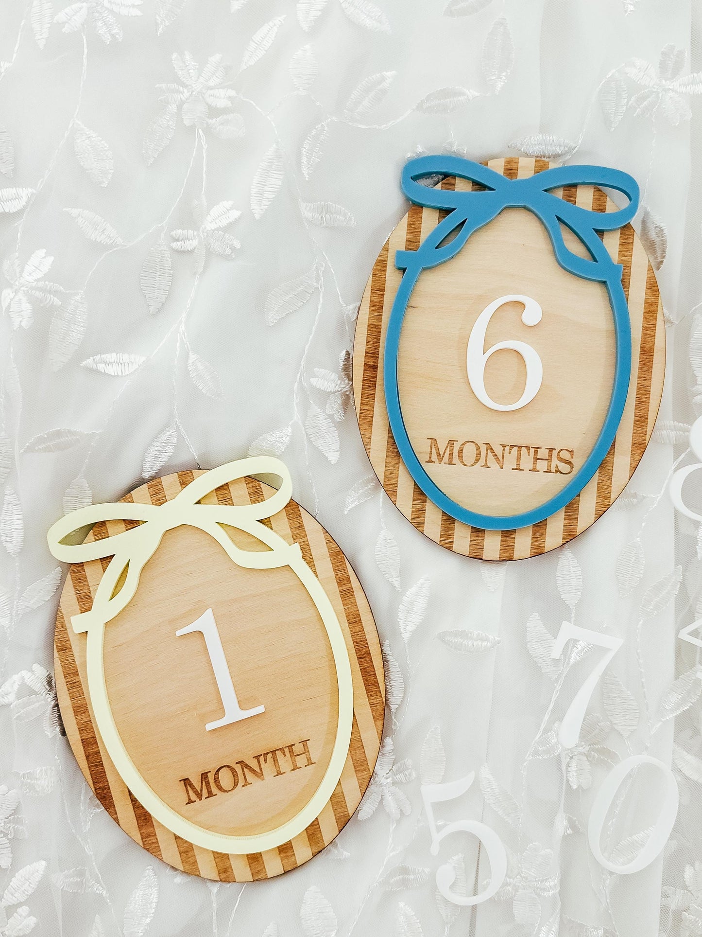 Striped Bow Baby Monthly Milestone Markers | Name Announcement Sign | Children's Photo Prop | Monthly Milestones Sign | Baby's First Year