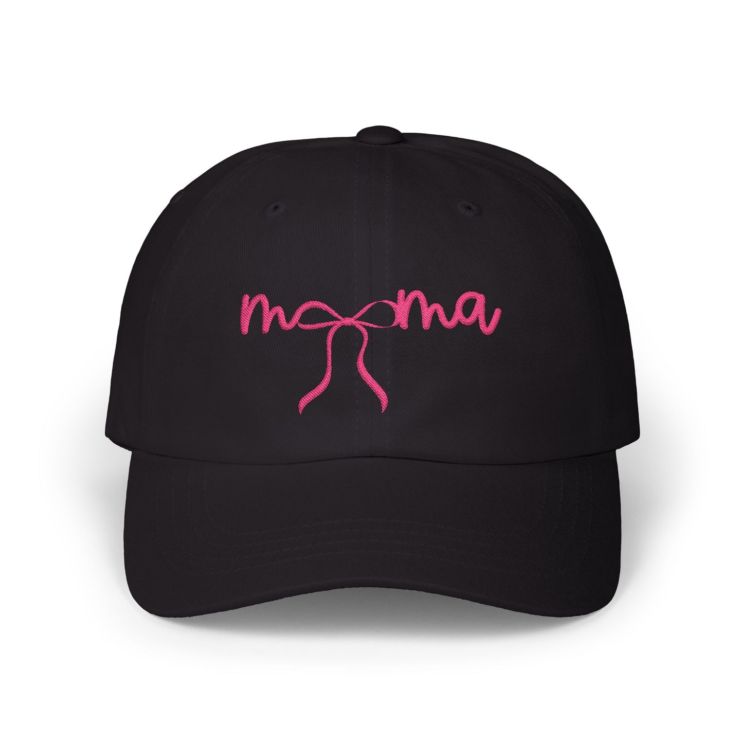 Mama Embroidered Baseball Hat — Pink Script Bow Cap