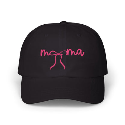 Mama Embroidered Baseball Hat — Pink Script Bow Cap