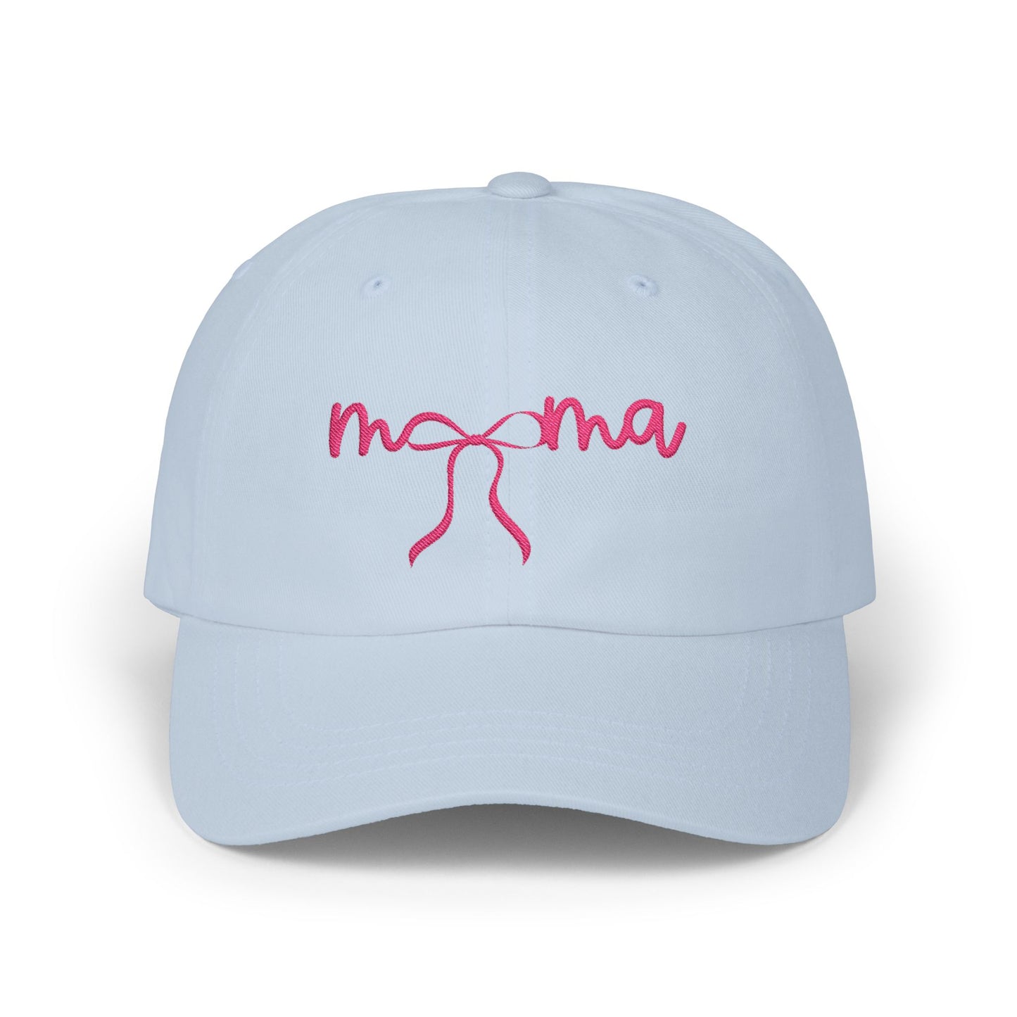 Mama Embroidered Baseball Hat — Pink Script Bow Cap
