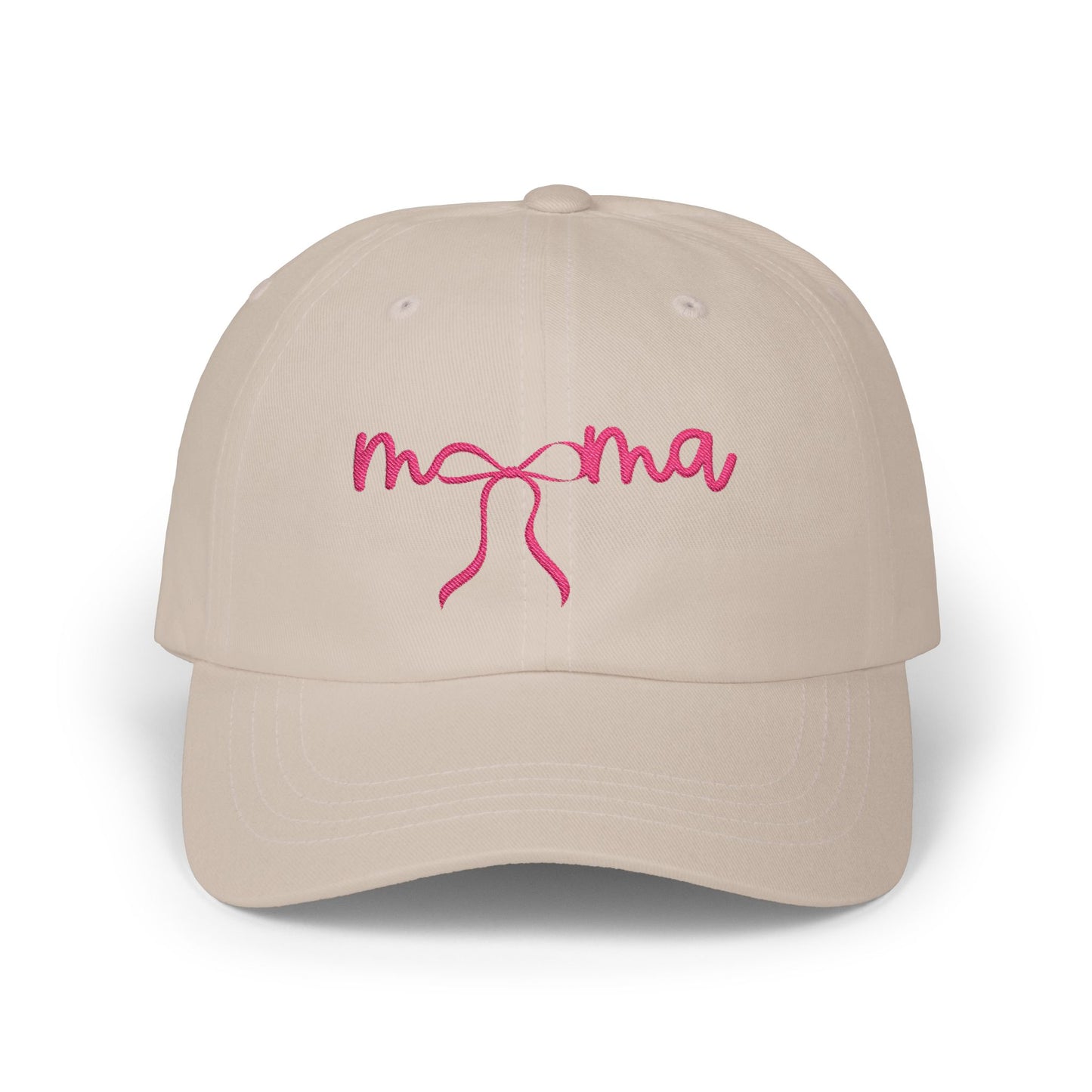 Mama Embroidered Baseball Hat — Pink Script Bow Cap