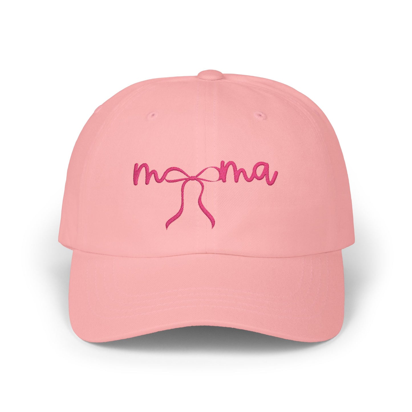 Mama Embroidered Baseball Hat — Pink Script Bow Cap
