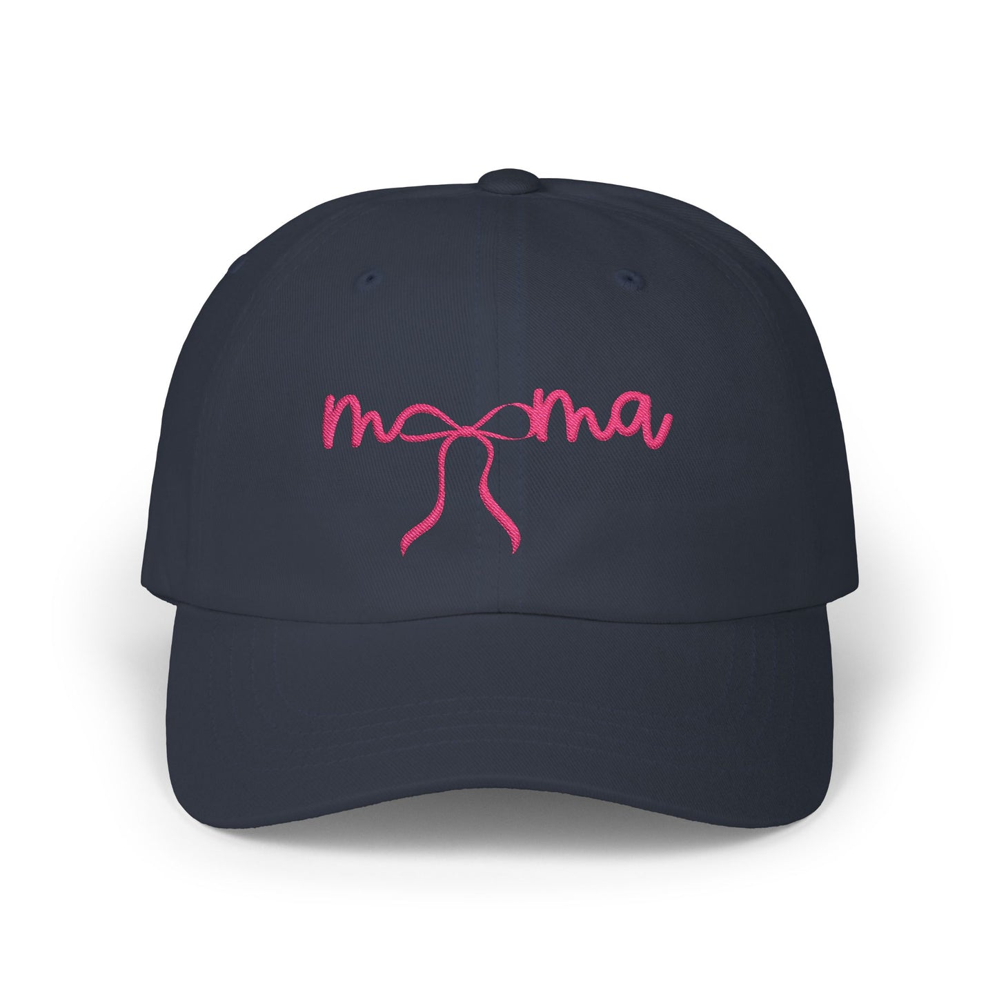 Mama Embroidered Baseball Hat — Pink Script Bow Cap