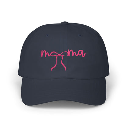 Mama Embroidered Baseball Hat — Pink Script Bow Cap