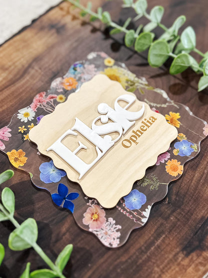 Floral Baby Name Announcement | Color Pressed Flower Wood Baby Name Sign | Custom Baby Name Plaque | Newborn Photo Prop | Baby Shower Gift