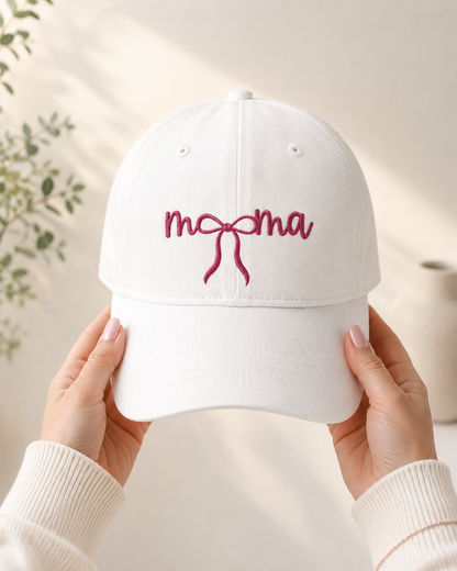 Mama Embroidered Baseball Hat — Pink Script Bow Cap