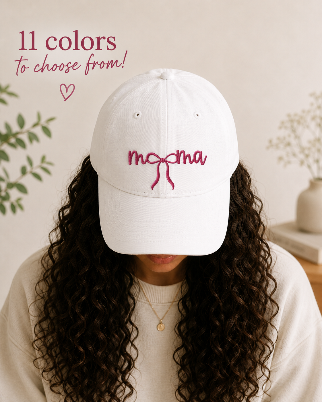 Mama Embroidered Baseball Hat — Pink Script Bow Cap