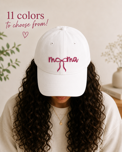 Mama Embroidered Baseball Hat — Pink Script Bow Cap