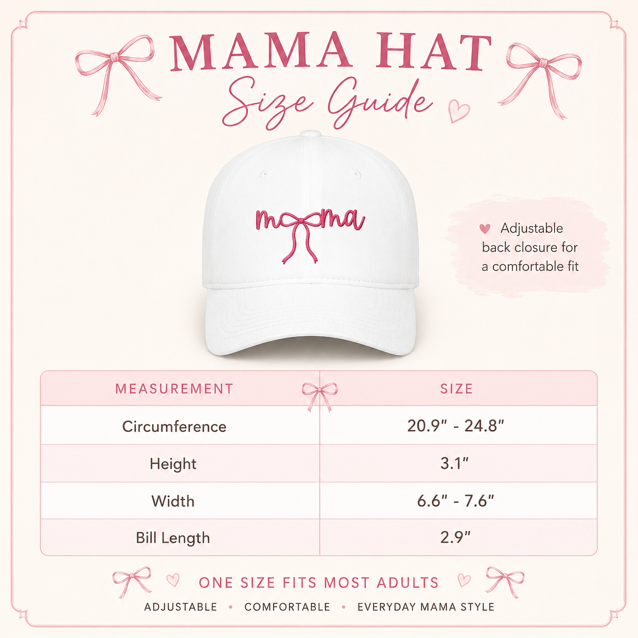 Mama Embroidered Baseball Hat — Pink Script Bow Cap