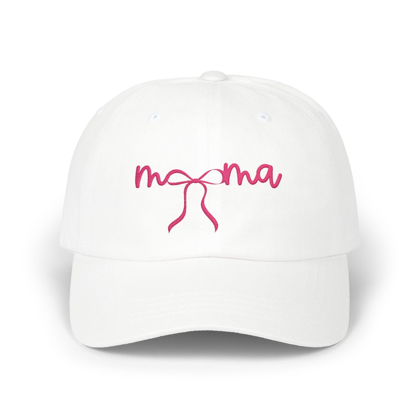 Mama Embroidered Baseball Hat — Pink Script Bow Cap