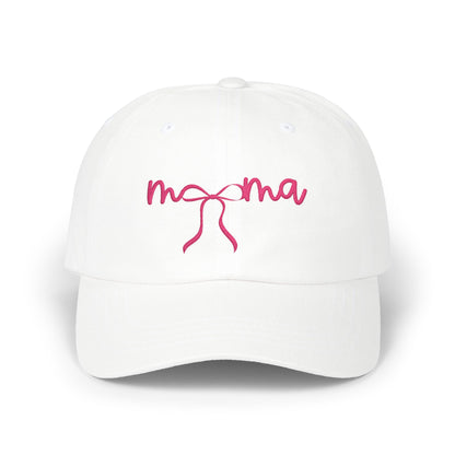 Mama Embroidered Baseball Hat — Pink Script Bow Cap