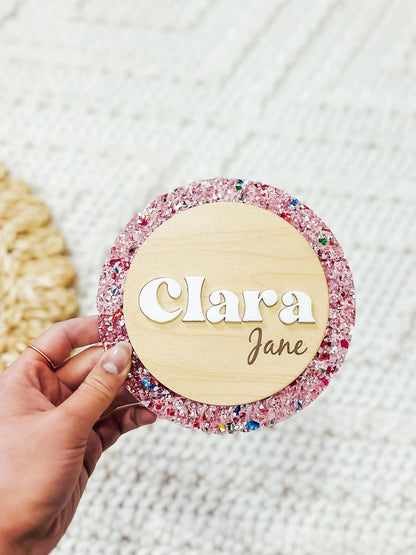 Baby Name Announcement | Pink Sparkly Girly Wood Baby Name Sign | Custom Baby Name Plaque | Newborn Photo Prop | Baby Shower Gift