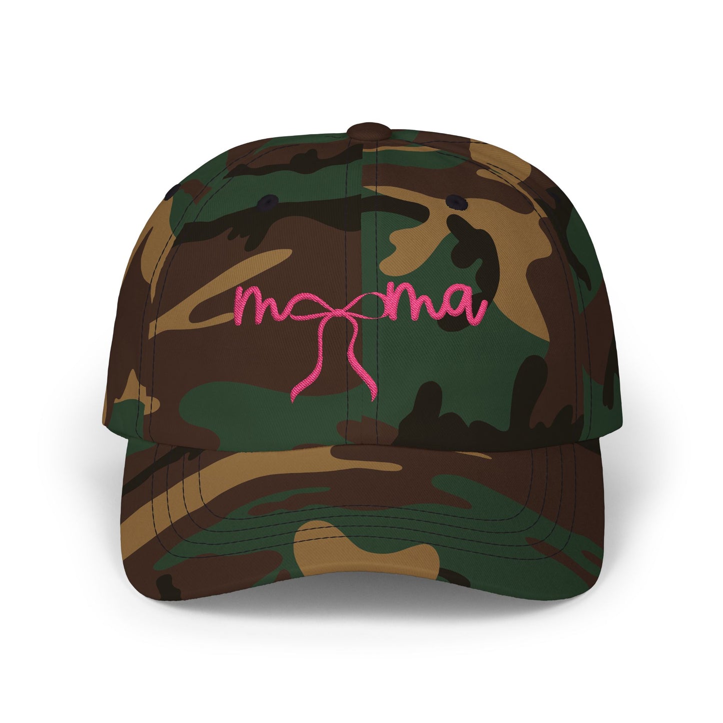 Mama Embroidered Baseball Hat — Pink Script Bow Cap