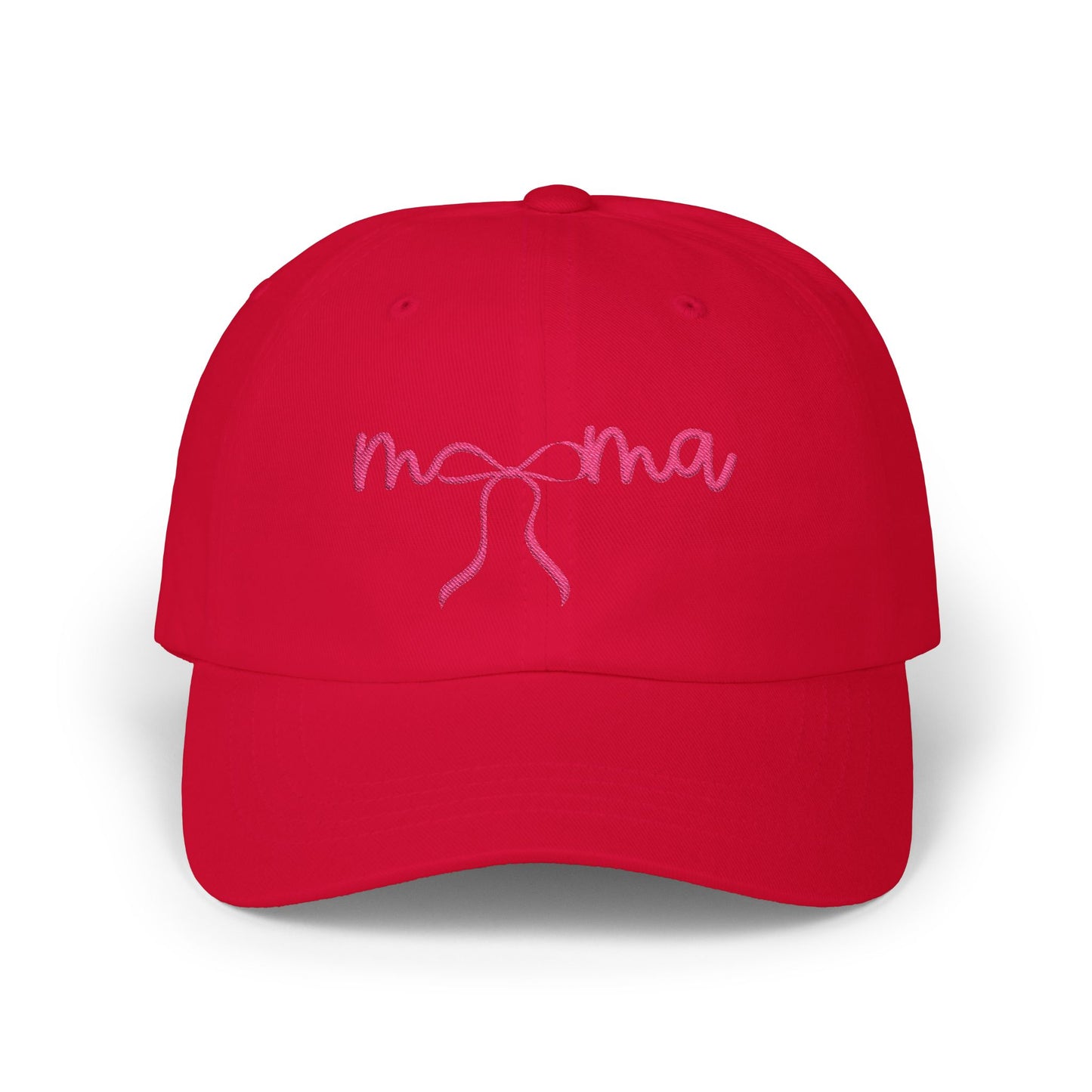 Mama Embroidered Baseball Hat — Pink Script Bow Cap