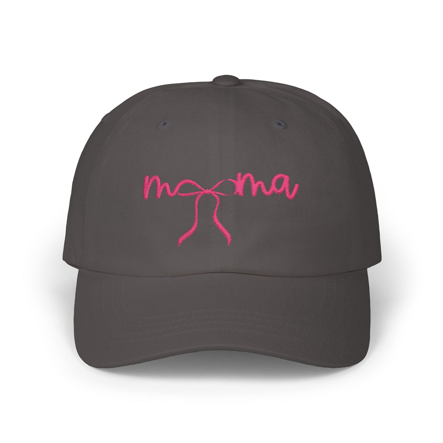 Mama Embroidered Baseball Hat — Pink Script Bow Cap