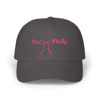 Mama Embroidered Baseball Hat — Pink Script Bow Cap