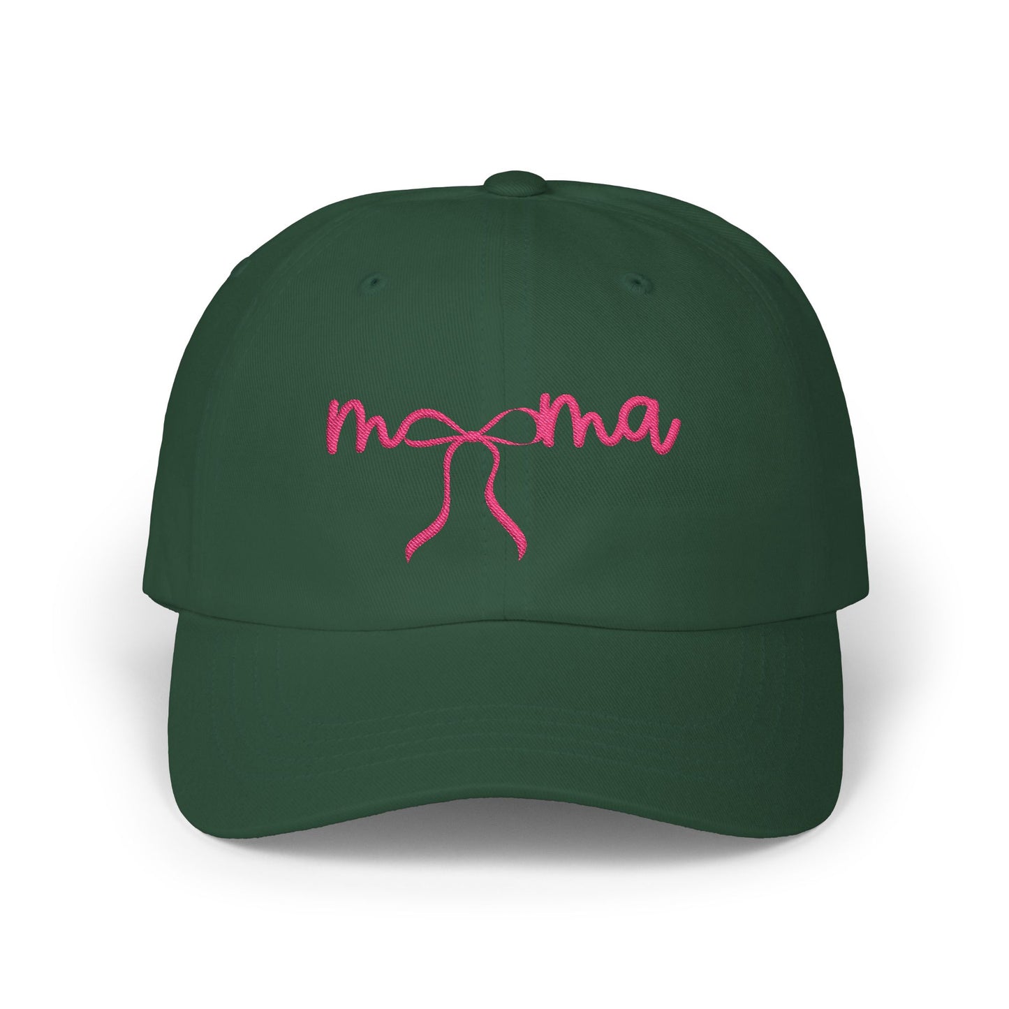 Mama Embroidered Baseball Hat — Pink Script Bow Cap