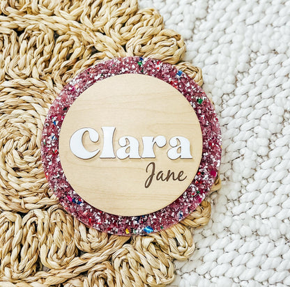Baby Name Announcement | Pink Sparkly Girly Wood Baby Name Sign | Custom Baby Name Plaque | Newborn Photo Prop | Baby Shower Gift