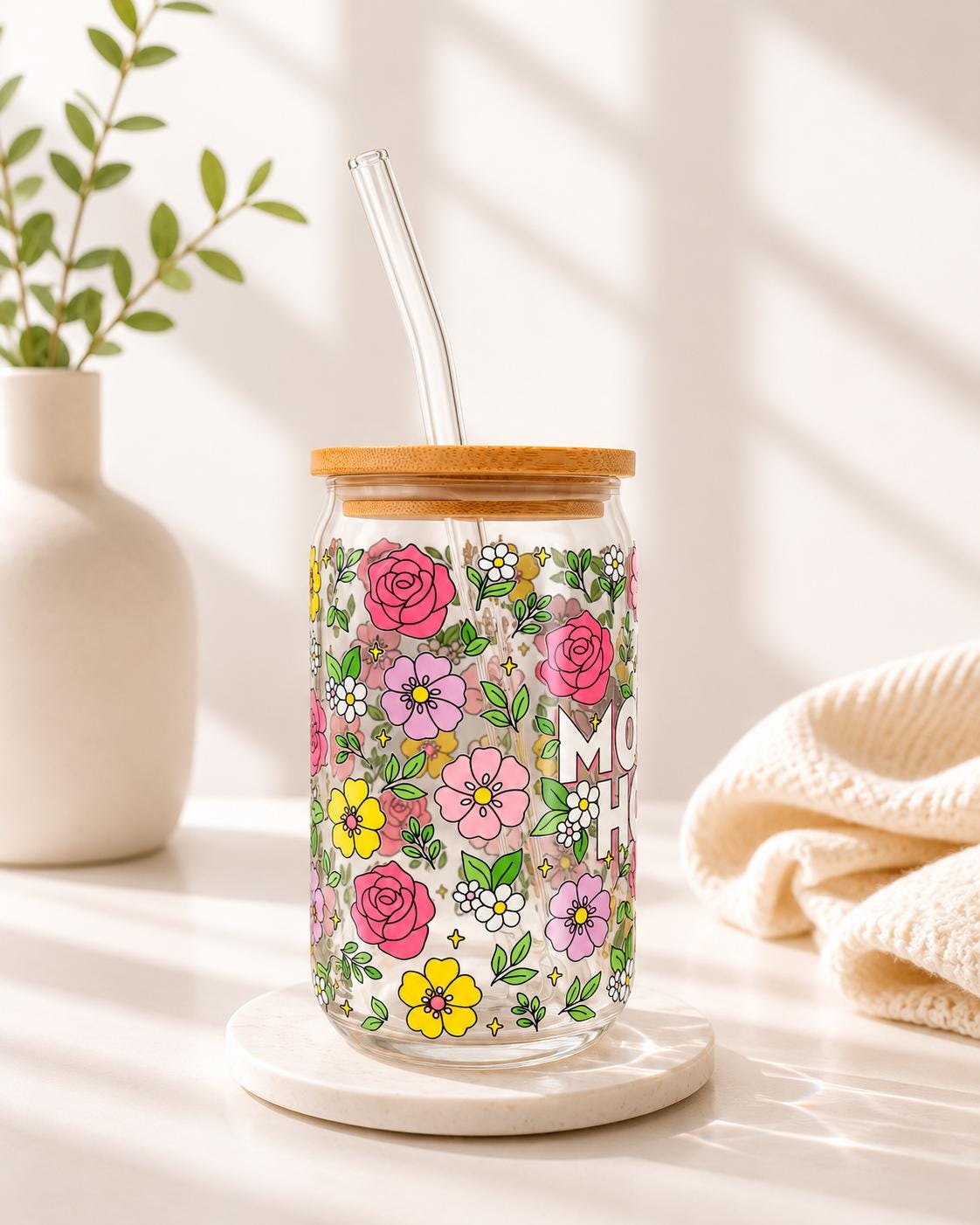 Motherhood Floral Glass Can Tumbler