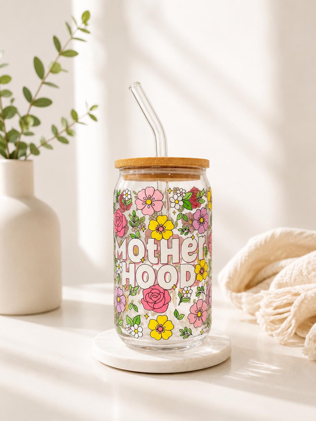 Motherhood Floral Glass Can Cup