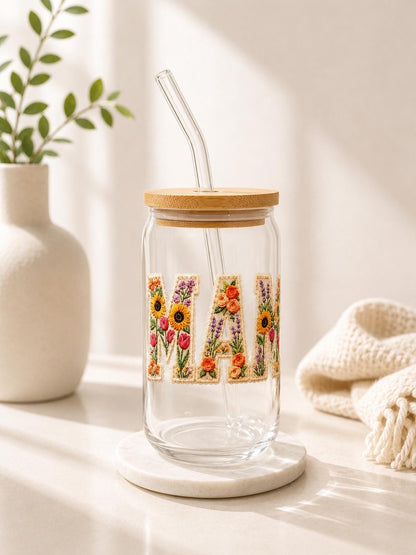 Faux Embroidered Mama Glass Can Tumbler