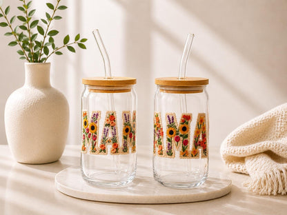 Faux Embroidered Mama Glass Can