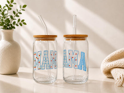 Blue Floral Mama Glass Can